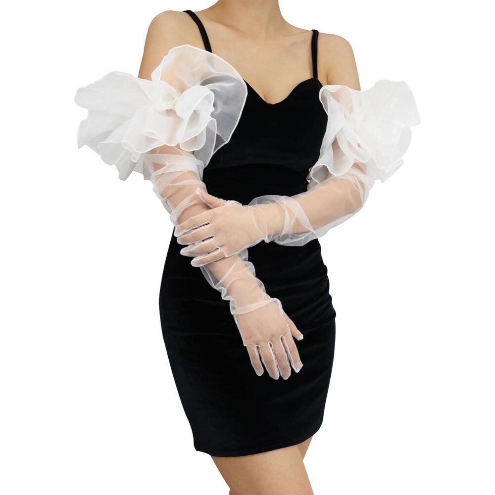 Women's Ruffle Red Tulle Puff Mesh Sheer Long Sleeve Gloves Cocktail Prom - Picture 2 of 6
